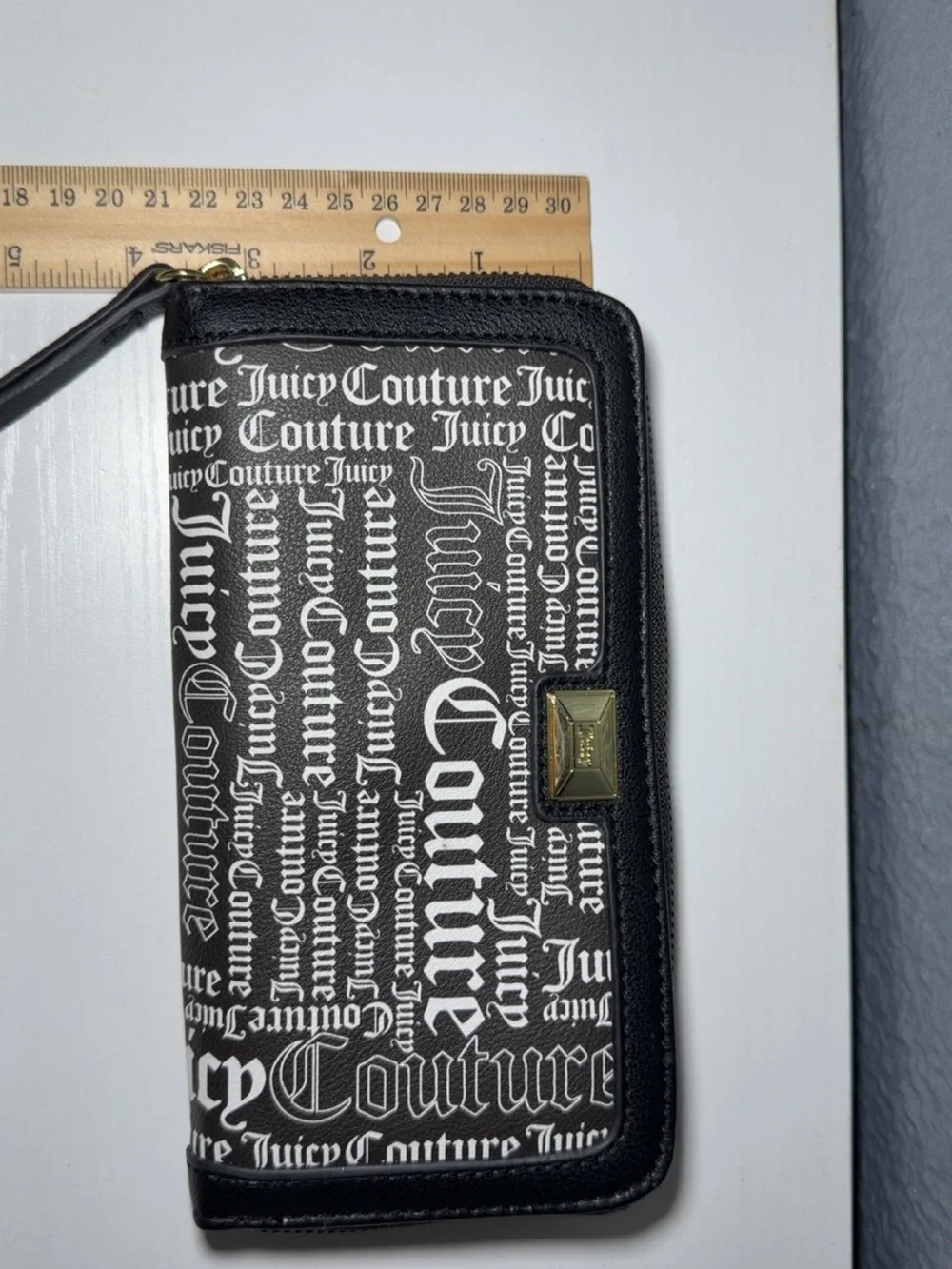 Juicy Couture Black Wallet with White Logo Print and Gold Accent